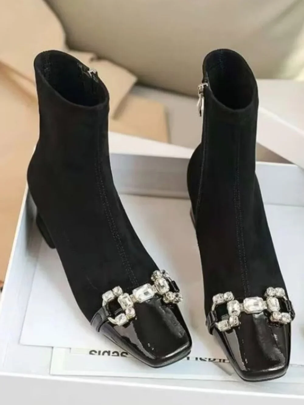 Women'S Black Square Toe Ankle Boots - Rhinestone And Pearl Buckle Detail